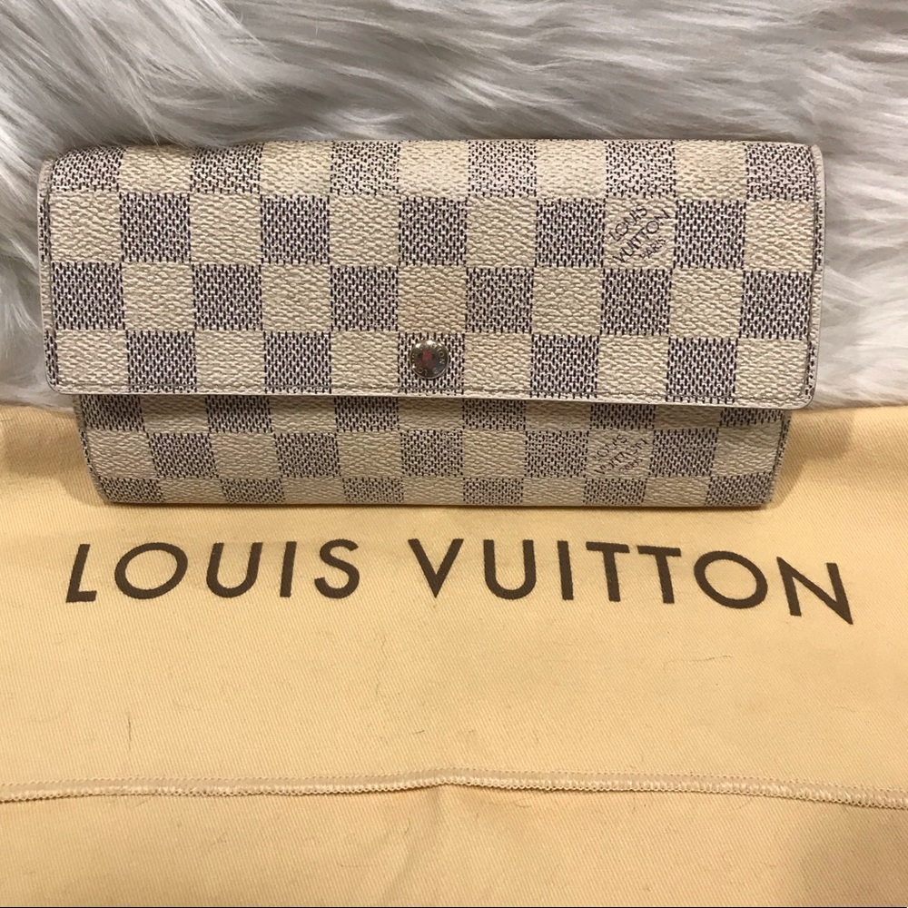 Louis Vuitton Damier Azur Canvas Checkered Long Wallet in Cream and Light Brown